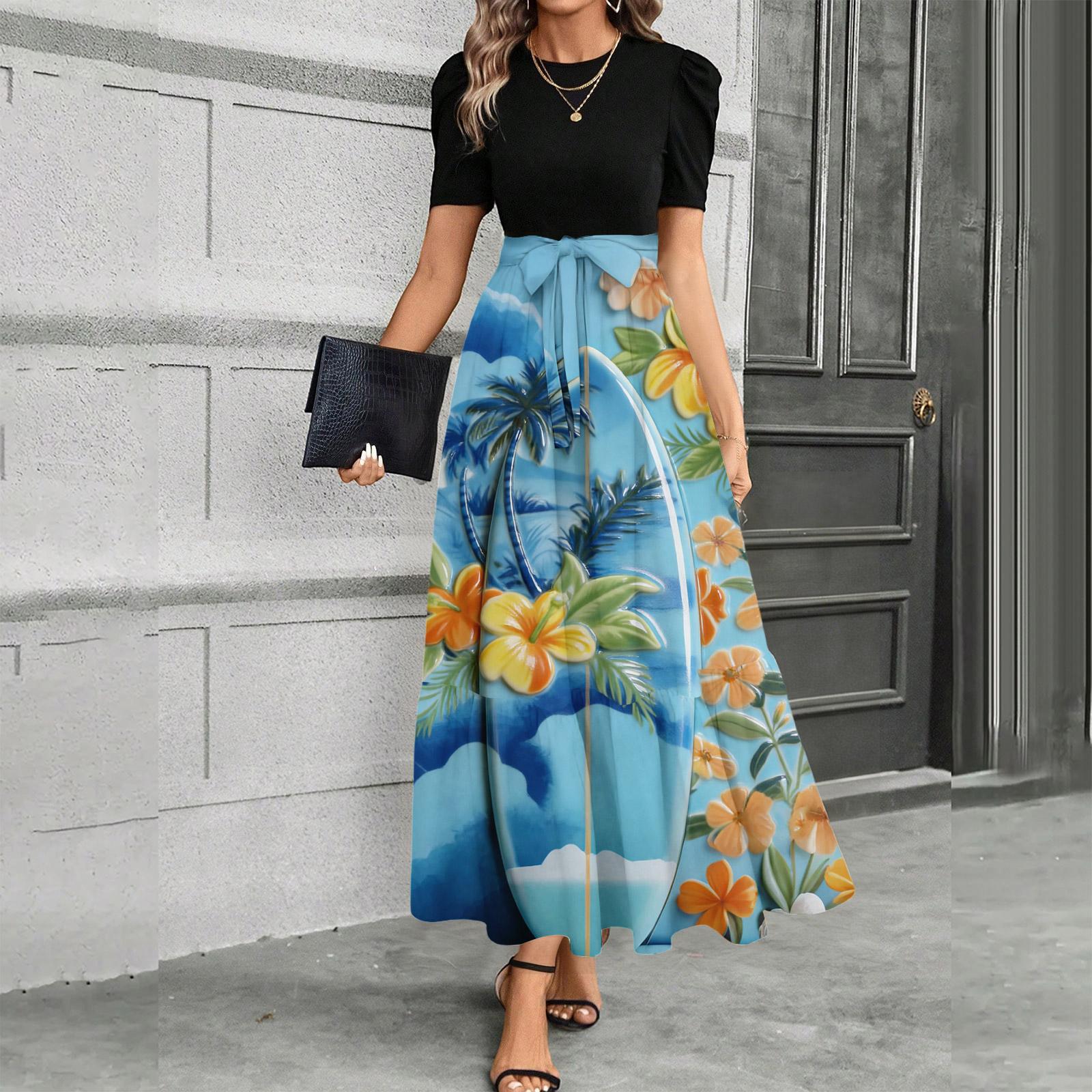 

Женское платье с коротким рукавом, повседневное, свободное, А-силуэта, миди, футболка-платье с карманами, круглый вырез, для отдыха, в стиле бохо, пляжный сарафан L синий