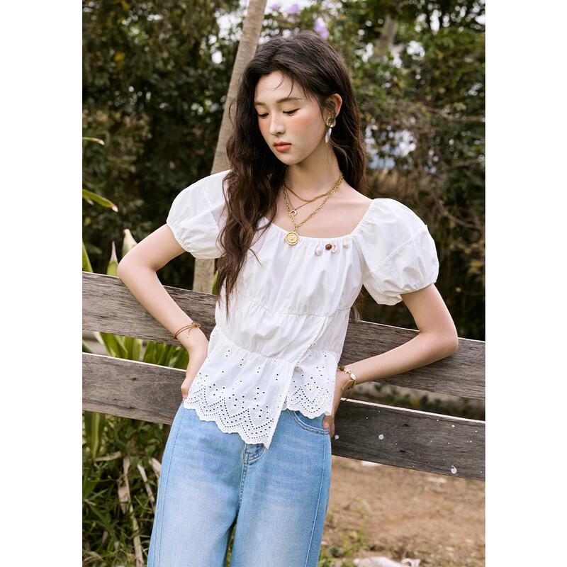 MISHOW French Puff Sleeve Tencel Cotton Blouse M