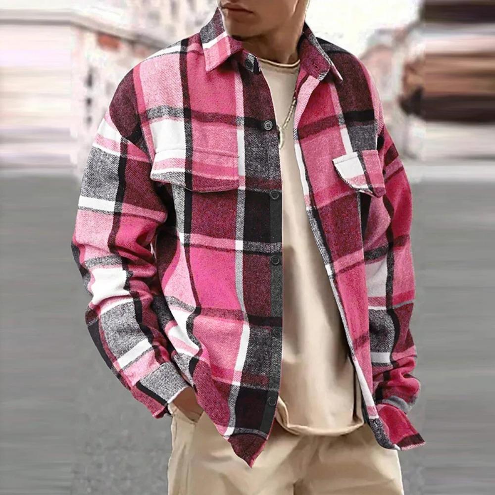 Neues Leichter Luxus Herrenhemd Koreanische Urbane Mode Retro Langarm Tasche Strickjacke Tops Hohe Qualität Verdicktes Karo Bluse S-2XL