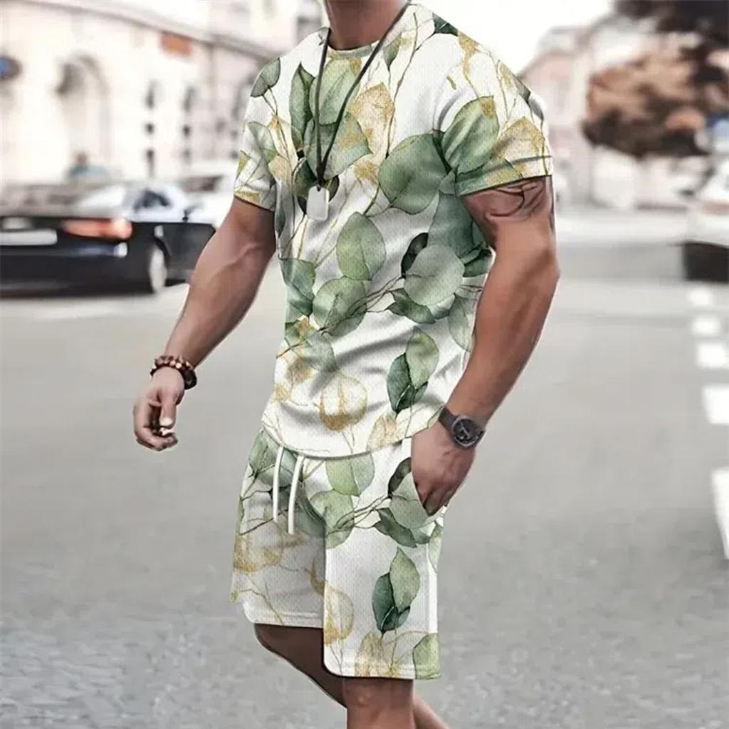 Letný módny set trička a šortiek Vysoký temperament Street Pánsky Pánsky 3D Krátky rukáv Voľný top Gradientný štýl s potlačou kokosu