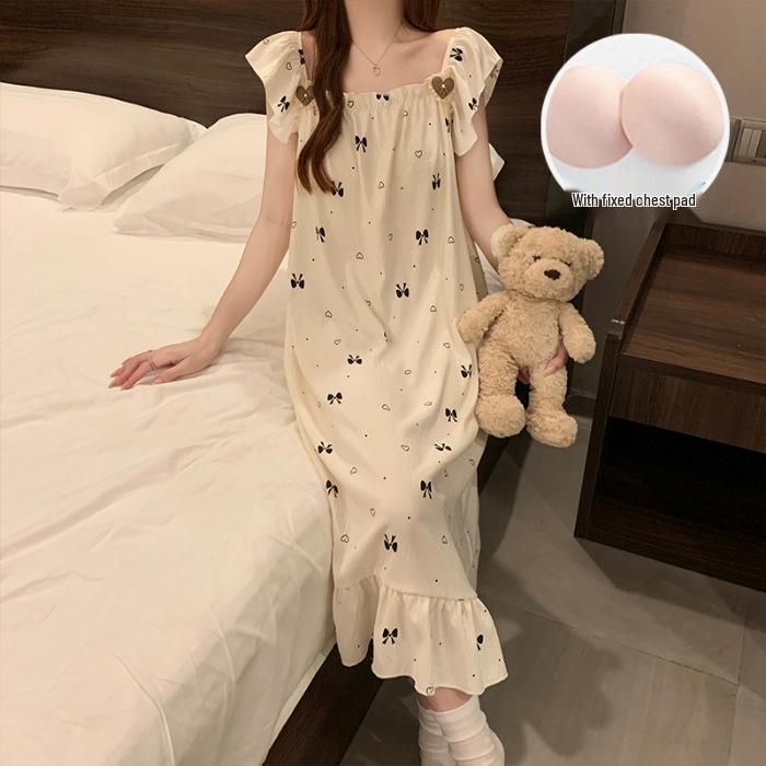 

2026 Summer Princess Style Woven Cloud Cotton Nightgown with Chest Pads - Women s Long Skirt & Square Neck L