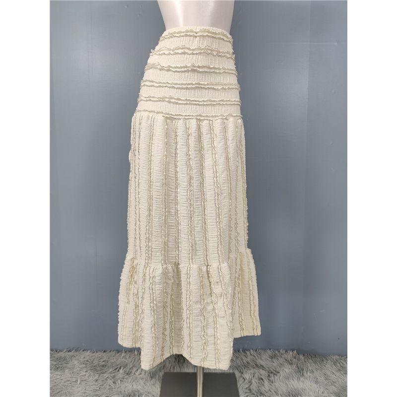 

French style Gas Field Heavy Industry Cake Layer-by-Layer Design Elastic High Waist A- line Skirt Ins Style Pastoral Style Vacation Half-Length Skirt Off-White L