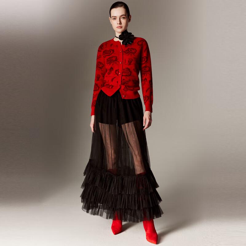 PALUOPO Women's Red Jacquard Cashmere Knit Cardigan Sweater