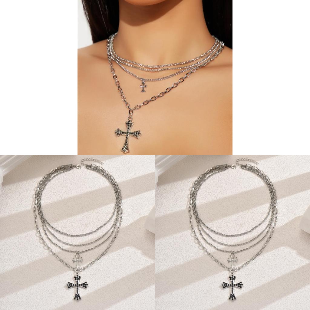 Collier pendentif croix superposé hiphop pour femmes avec design géométrique en alliage