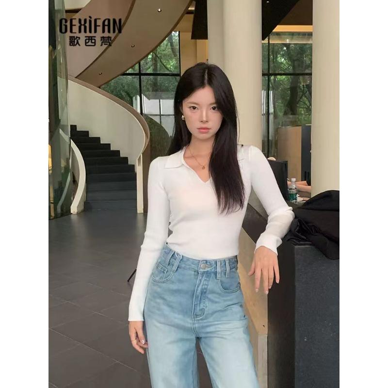 Pink collar pure want to wear knitted sweater women's autumn large size slightly fat mm thin bottoming shirt