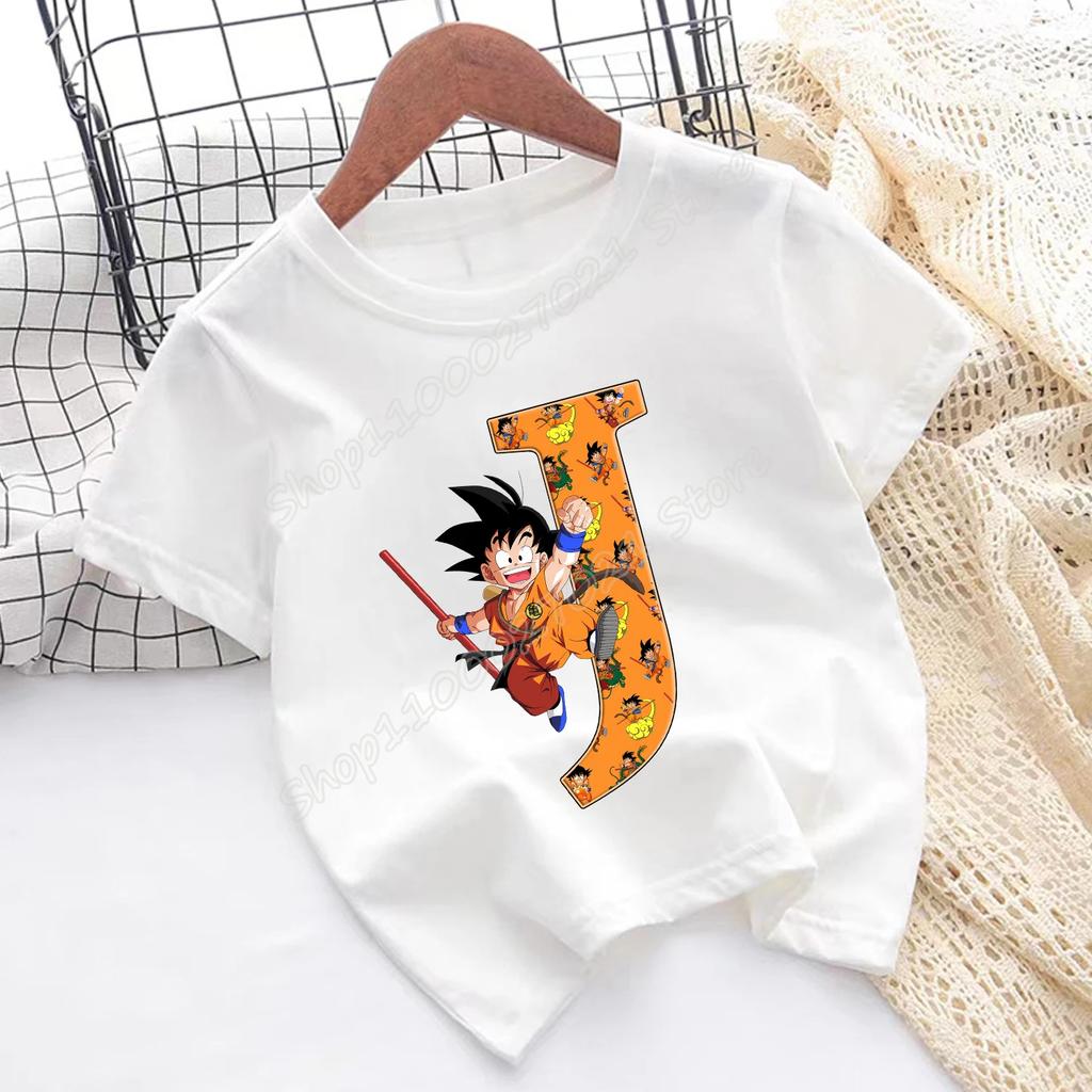 Dragon Ball Goku T-shirt Children A-Z Letter Tee Top Cartoon Summer Fashion White Short Sleeve Clothing Kids Casual Clothes Gift