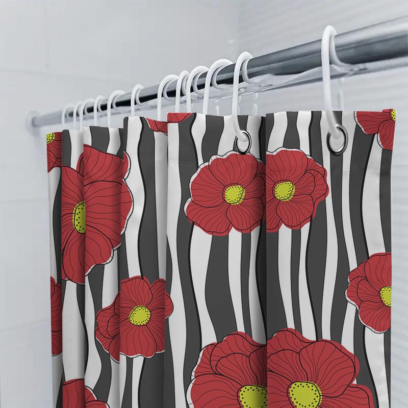 Red Flower Black Striped Shower Curtain Set For Bathroom Decor Modern Floral Shower Curtains With Rings Perfect Gift Ideas (Size