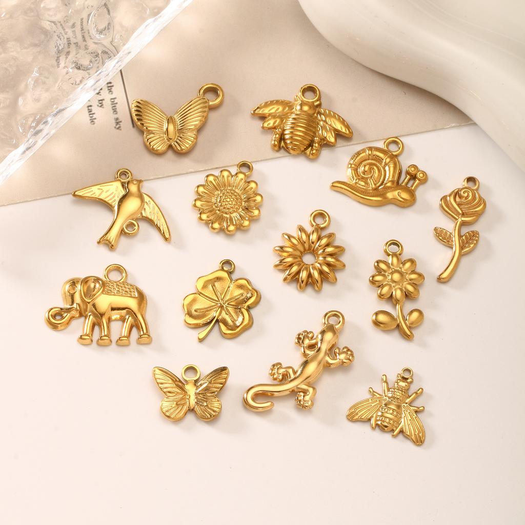 3Pcs Flower&Insect Charms Stainless Steel Exquisite Butterfly/Bee/Rose/Scarab Pendant Necklace Earring Dangle DIY Jewelry Making