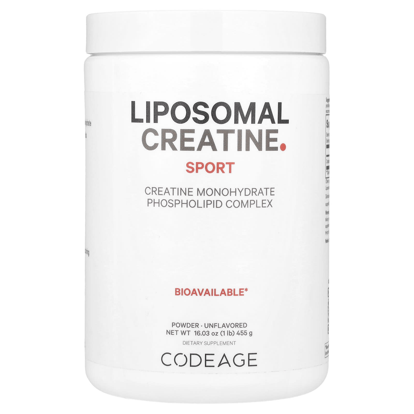 

Codeage, Liposomal Creatine Sport, Phospholipid Complex Monohydrate Powder, Unflavored, 5,000 mg, 1 lb (455 g)