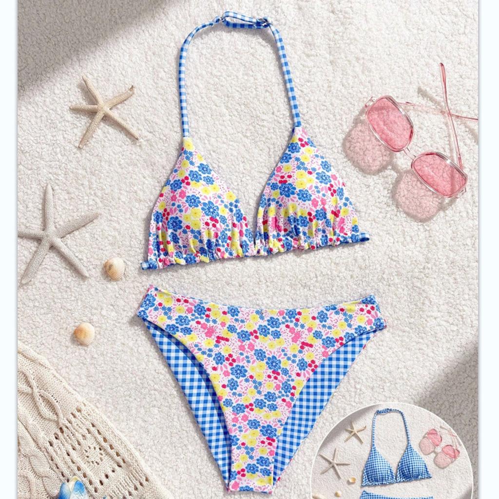 Zweiteiliger Badeanzug für Mädchen, Bikini-Set mit hoher Taille, Blumenmuster und Karomuster, Verstellbarer Neckholder für das Schwimmen im Freien