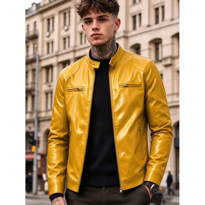 New men's stand-up collar PU leather jacket slim locomotive jacket autumn business casual ruffian handsome jacket