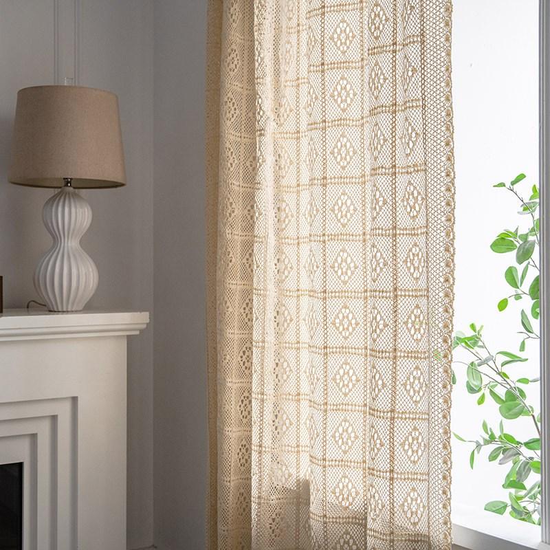 Home Curtain Cream Translucent Vintage Hollow Crochet Stitching French Window Fabric Window Screen Finished Decorative Curtain