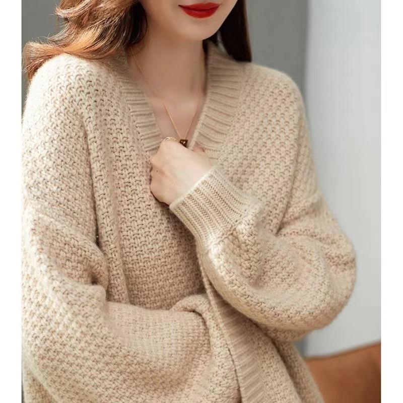 French Retro Mid Length Jacket Autumn Winter Thick Knit Loose Commuting Style Sweater Women's Knitted Cardigan