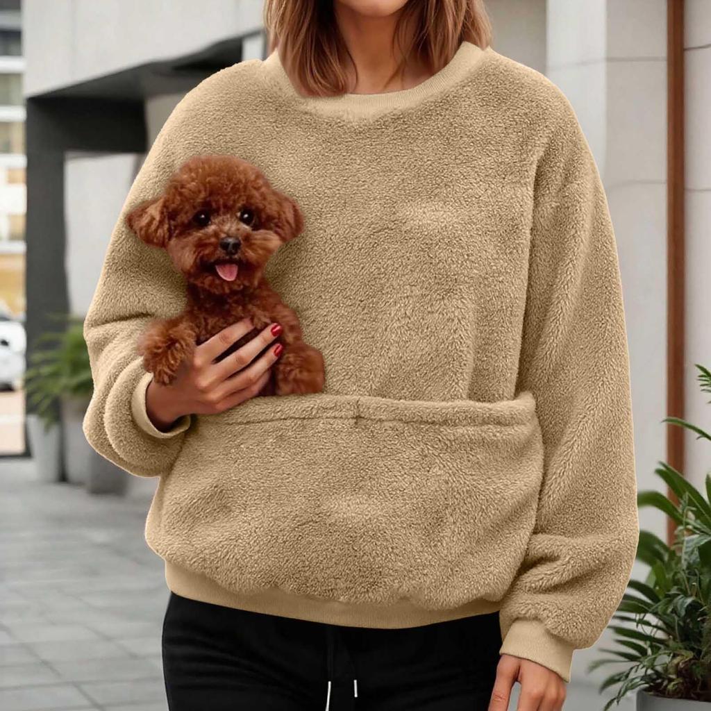 Women's Fashionable Solid Color Round Neck Long Sleeved Pocket Sports Shirt Plush Hoodie Top