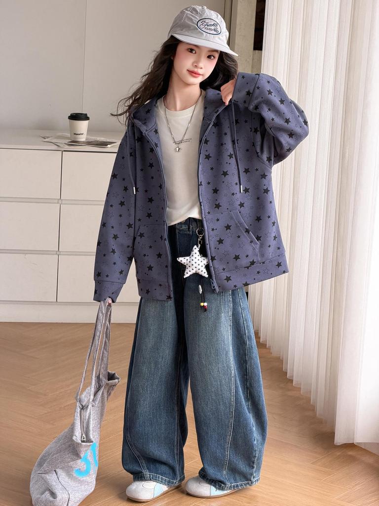 Korean Girls' Star Print Hooded Jacket - Spring/Autumn, Medium-Large, Loose Fit, Zipper Cardigan, Trendy Sweatshirt