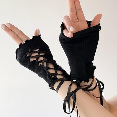 Summer Lightweight Arm Sleeves with Tie-Up Design Breathable Stretchy Fingerless Gloves for Outdoor Activities and Sun Protection