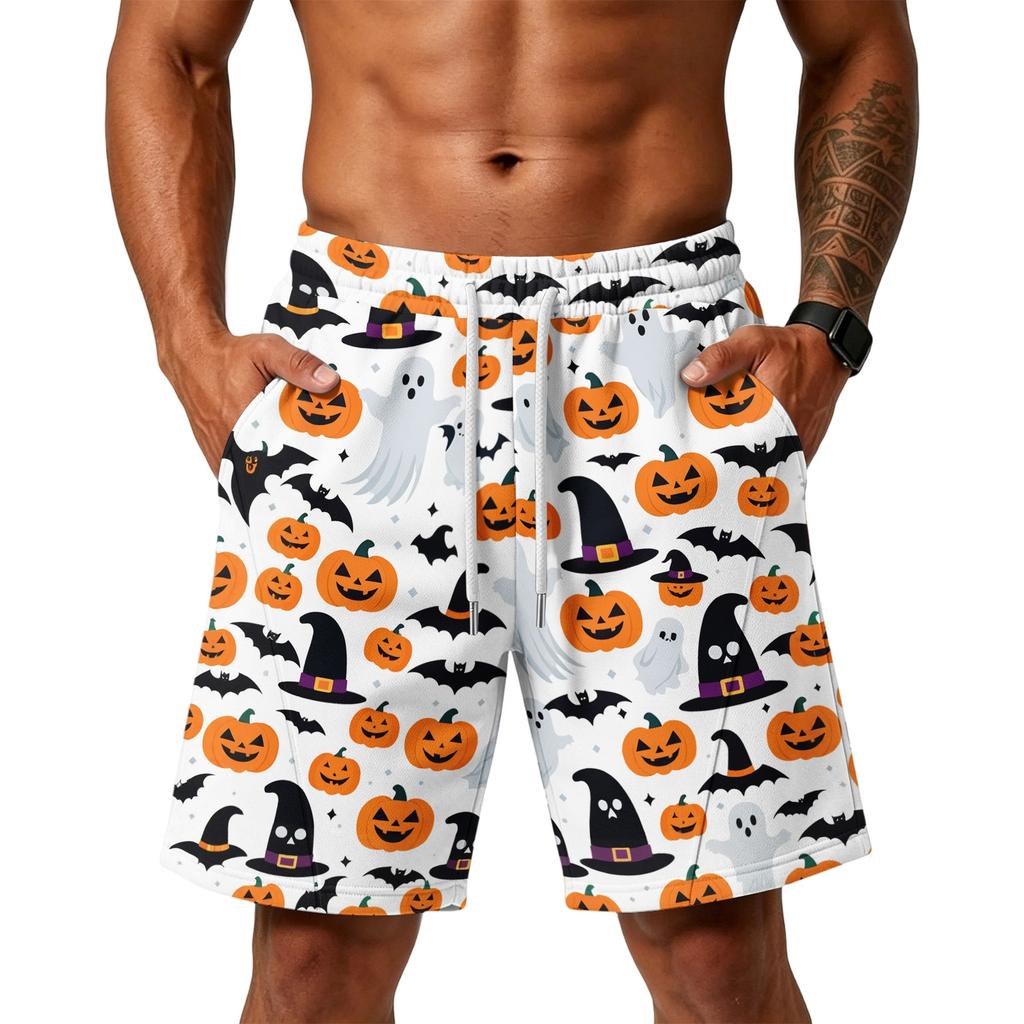 Men's Loose Fit Layer Shorts with Pockets Halloween Themed Print Drawstring Waist Comfortable Casual Shorts