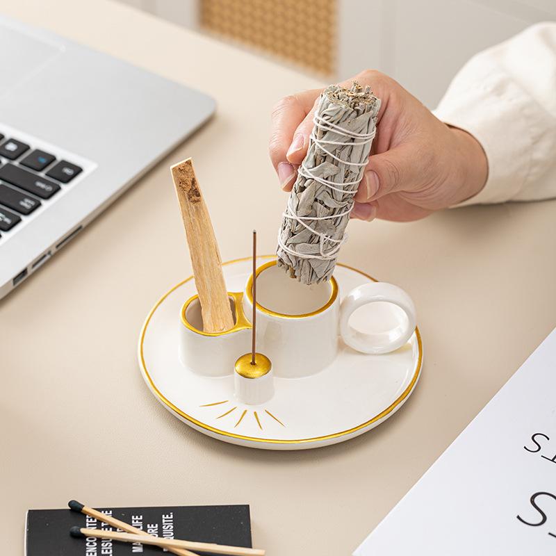 Ceramic Incense Burner Candle Holder Aromatherapy Candlestick Holder Sage Tray Holy Wood Burning Stand Incense Ash Collector