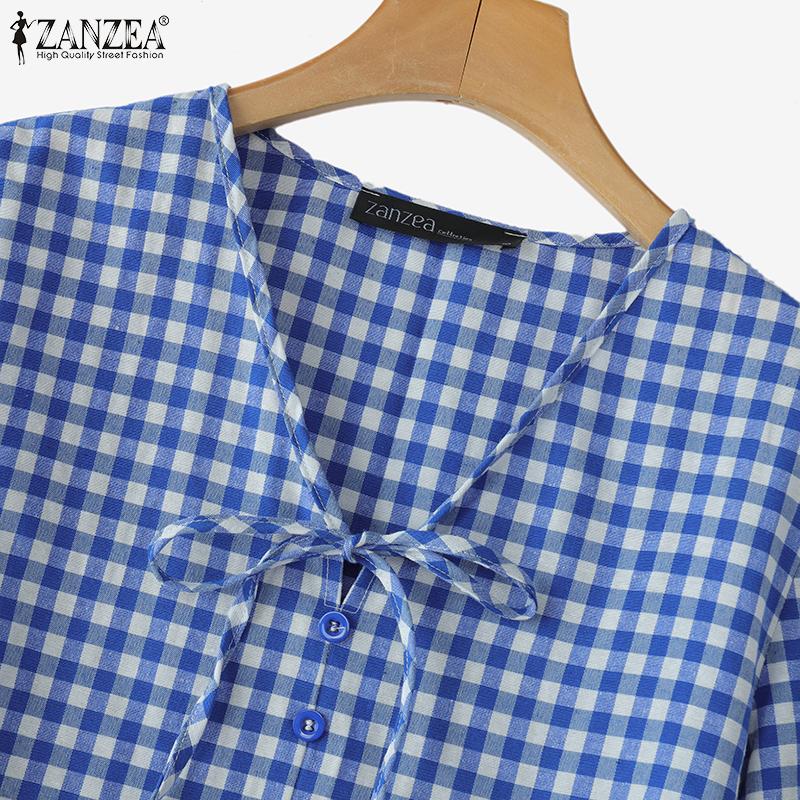 ZANZEA Blusa Casual da Donna con Scollo a V Maniche 3/4 Ampi Stampa a Quadri