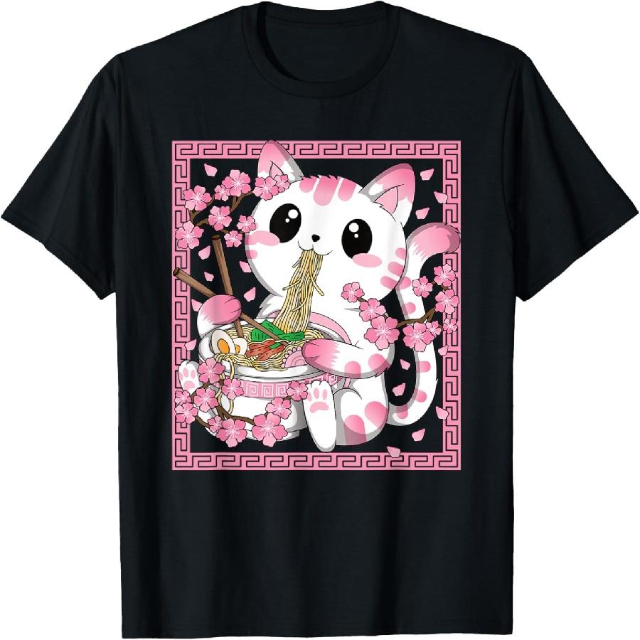 Розовая Kawaii Кошка Рамен Аниме Японская Вишня Футболка S