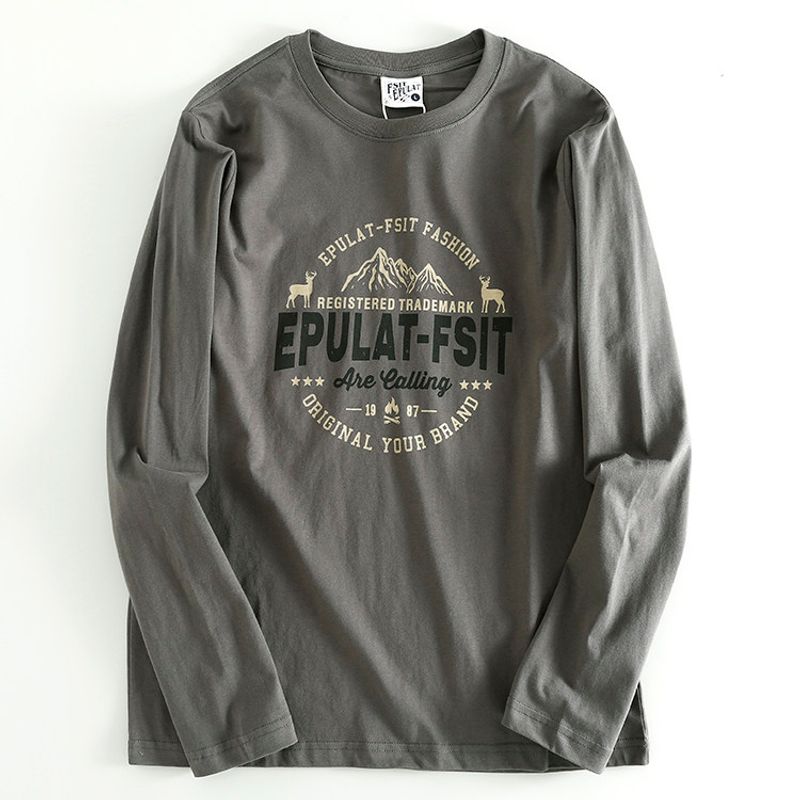 Missing Good Goods ~ Spring & Fall Men Export Label Cutting Long Sleeves T-Shirt Loose Inner Bottoming Shirt OEM Goods Cattle Goods T-shirt Fashion Iron Gray L