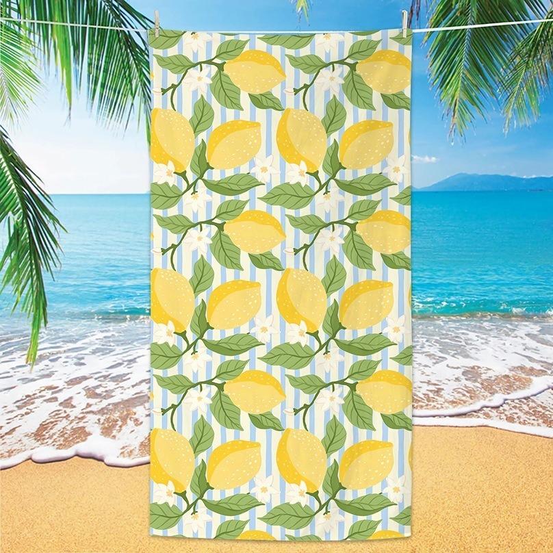 Asciugamano da Spiaggia in Microfibra al Limone Mediterraneo Sovradimensionato Frutta Estiva Strisce Blu Bianche Asciugamano da Bagno Extra Large Senza Sabbia