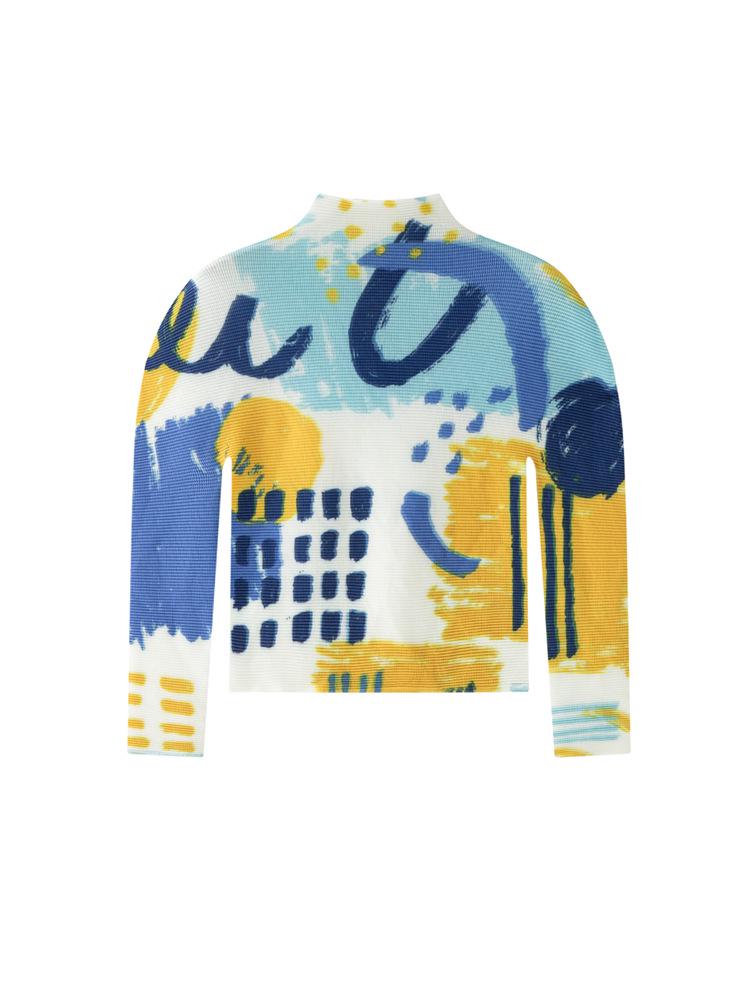 Miyake Pleats Women's High Neck Long Sleeve T-shirt - 2026 Spring/Summer Corn Kernel Abstract Print, Slim Fit.