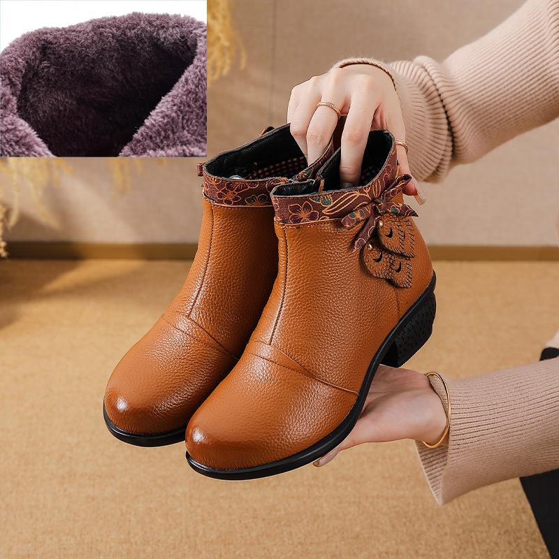 Johnature Genuine Leather Shoes Retro Ethnic Style Thick Heel Versatile Women's Short Boots