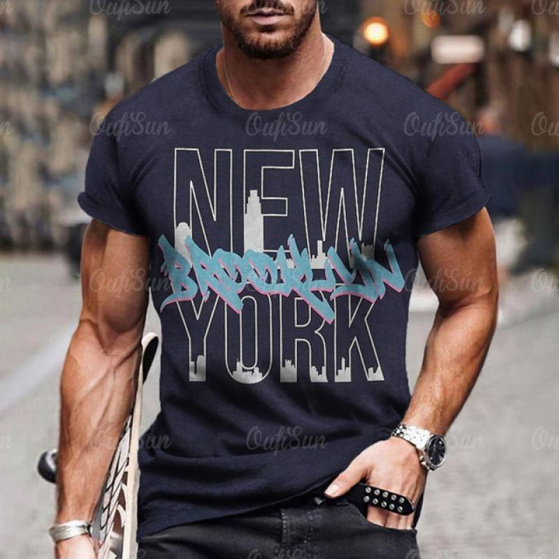 Men's T-shirt NEW YORK Alphabet Print Gradient Casual Comfy Short Sleeved Tees For Summer Oversized Men's Clothing Tops Outdoor