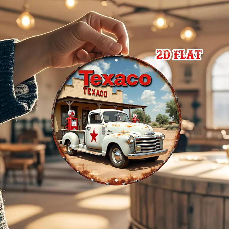 D Flatpc Retro Texaco Gas Station Sign  Vintage Classic Car  Texaco Wall Art Round Rustic Metal Sign Suitable for Home 20x20cm(8x8inch)