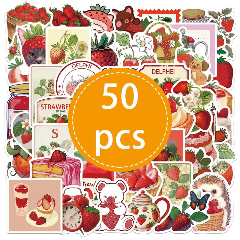 

50Pcs Cute Strawberry Stickers Cartoon Waterproof Vinyl Fruit Decals for Water Bottle,Skateboard,Guitar,Phone,Computer,Diary
