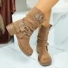Fashion Fashion Metal Decor Mid Calf Boots for Women Khaki Faux Suede Chunky Heel Combat Booties Woman Autumn Winter Slip On Botas Mujer