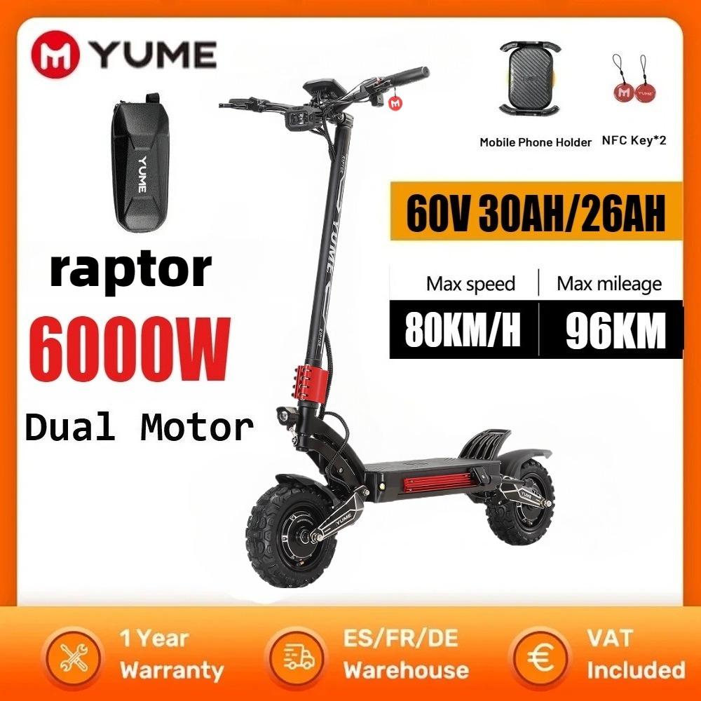 YUME Raptor Electric Scooter 6000W Motor 60V Electric Scooter 11 Inch Tires Max Speed 80km/h Max Range 96KM Electric Scooter