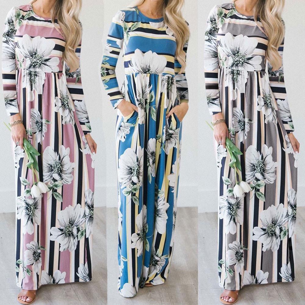Tied Floral Printed Striped Long Sleeve Dress