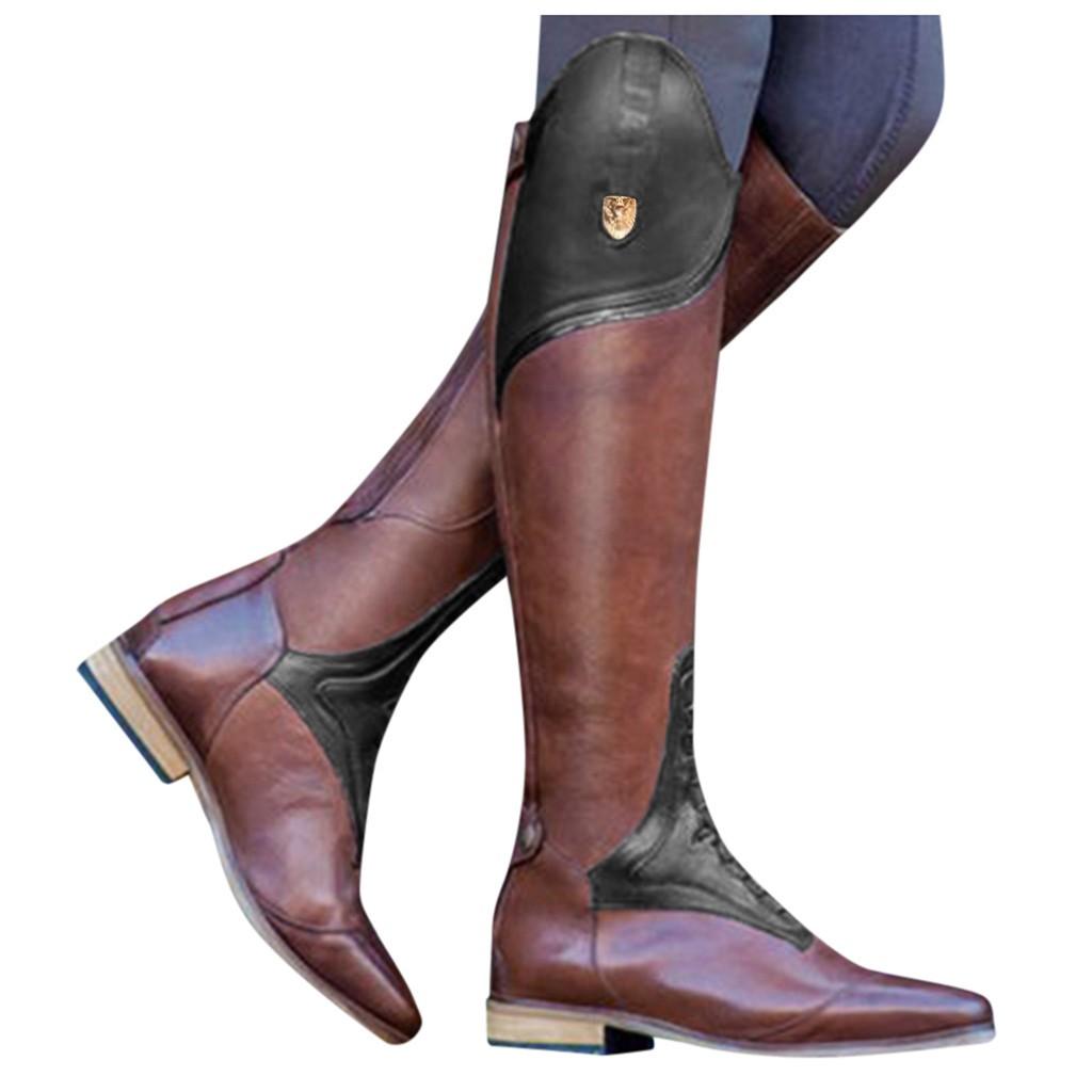 Sagit Mode Femmes Bout Rond À ​​Talons Bas Fermeture Éclair Dames Chaussures Western Tube Haut Bottes