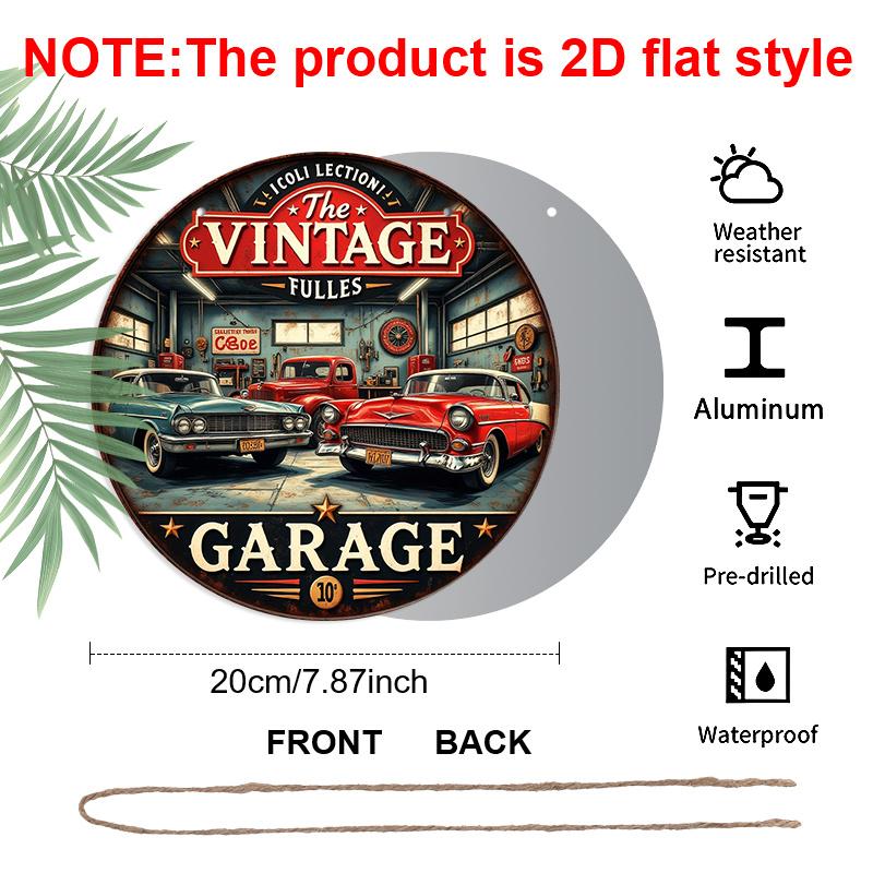 2D Flat, 1pc Vintage Aluminum Round Wall Plaque - Retro Garage Metal Sign with Classic Cars & Tools Design, Americana Decor for Bars, Cafes