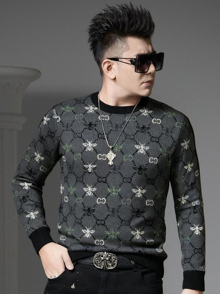European Style Round Neck Sweater for Men, Autumn and Winter Warm Pullover Knit Base Shirt, Trendy Printed Long-Sleeve Knitwear
