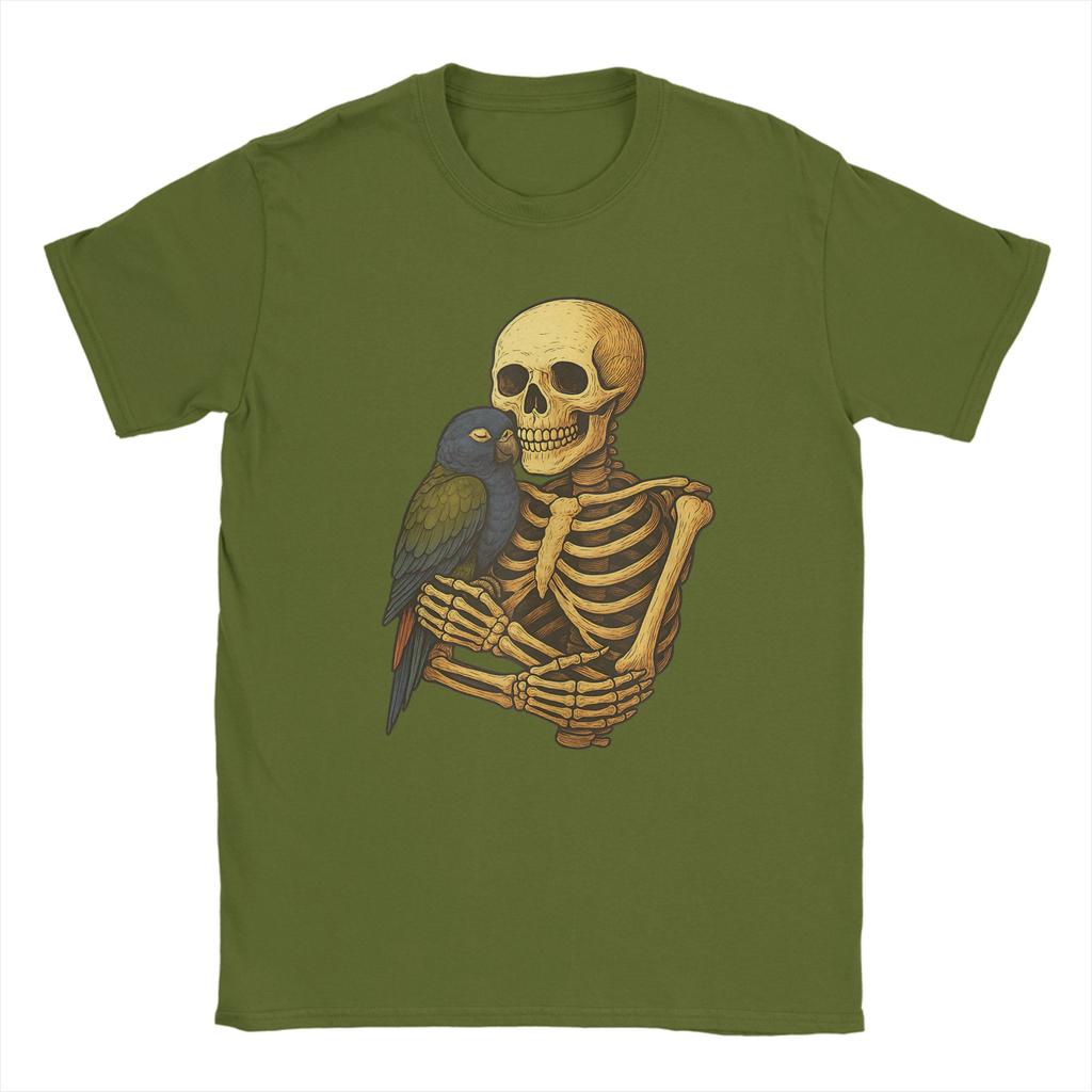 Skeleton Hugging Pionus Parrot Funny Halloween T-Shirt Men Vintage Cotton Tees O Neck Short Sleeve T Shirts Plus Size Clothes