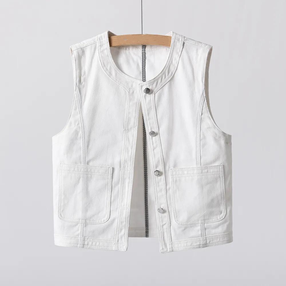 

Женский дизайнерский легкий джинсовый жилет без воротника, выгодно подчеркивающий фигуру, для весны и осени 5XL