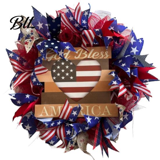Summer Party Decoration Patriotic Wreath for Front Door Handmade 4th of July Hanger Red White Blue American Wooden Hanging Plaque Wall Porch Memorial