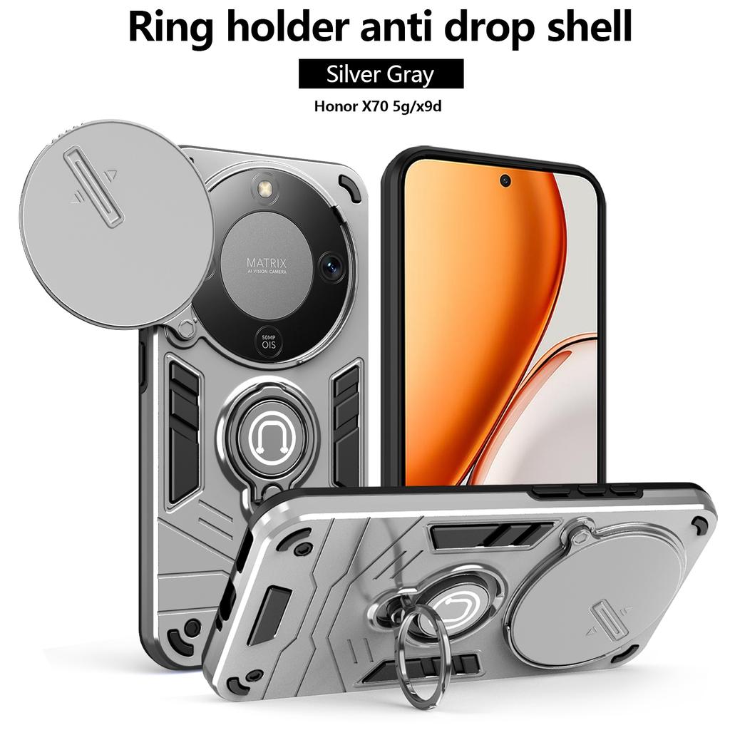 Hybrid Armor Shockproof Case For Honor X9D X70 Magic 8 Lite Sliding Window Metal Ring Holder TPU Frame Plastic Back Cover Fundas