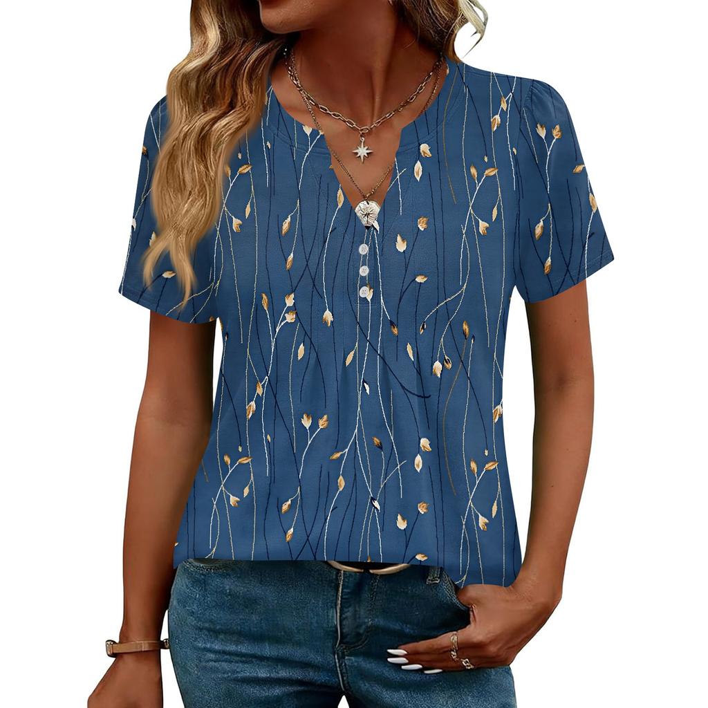 Damen Oberteile Festlich Lässig V-Ausschnitt Kurzarm Hemden Plissierte Blusen Knopfleiste Tunika