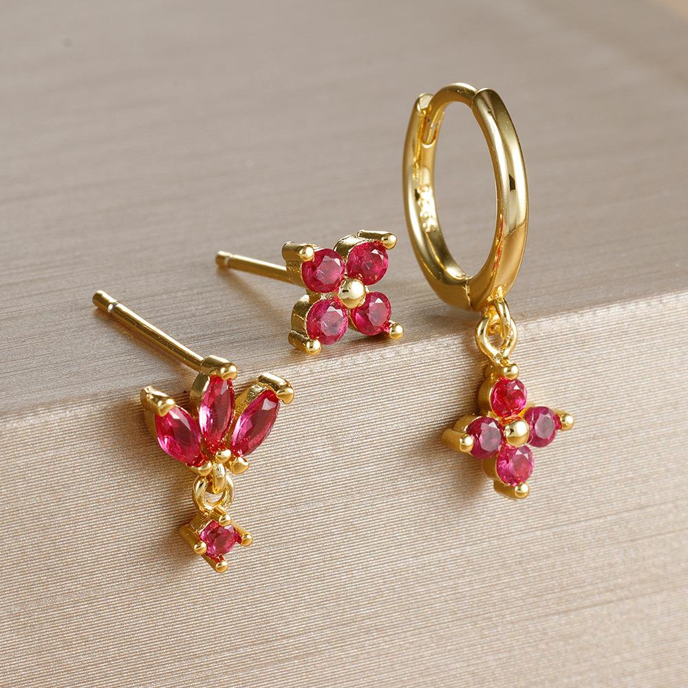 3-teiliges Modisches Orange Blau Zirkon Hängende Ohrringe Set für Damen Edelstahl Blume Dangle Ohrring Piercing Schmuck