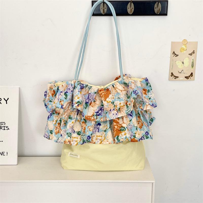 New Retro Rose Floral Splicing Shoulder Bag Women's Ruffle Edge Large-capacity Commuter Hand-held Underarm Bag