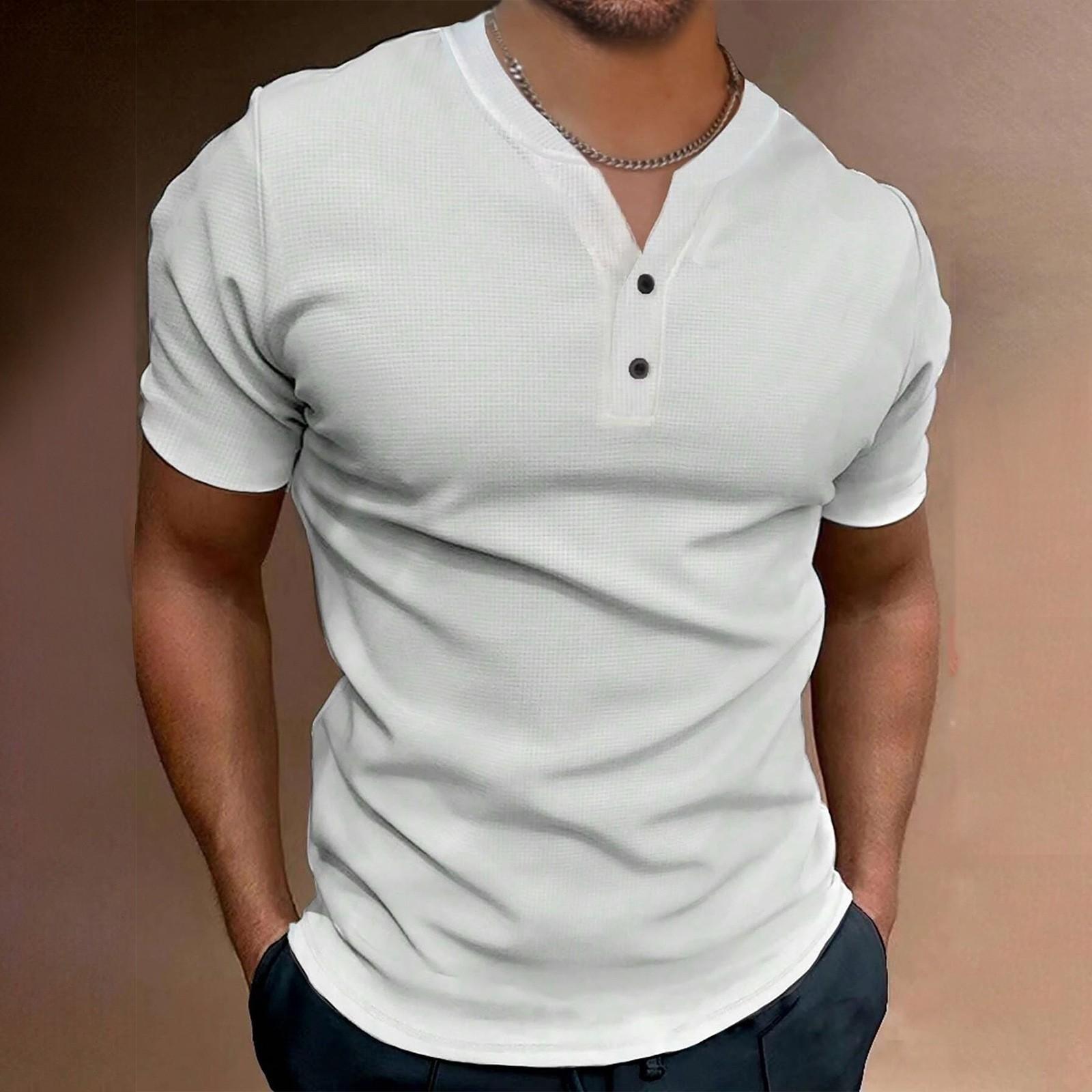 

Мужская однотонная рубашка с V-образным вырезом и пуговицами, мужская спортивная рубашка с коротким рукавом M белый