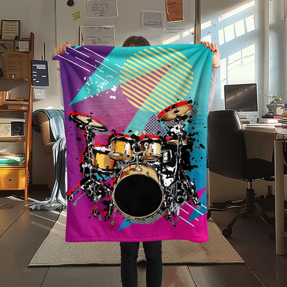 1Pc Drum Set Print Flannel Blanket, High Quality Comfortable for All Seasons, Home Decor, Warmth and Comfort, Perfect for Gifts