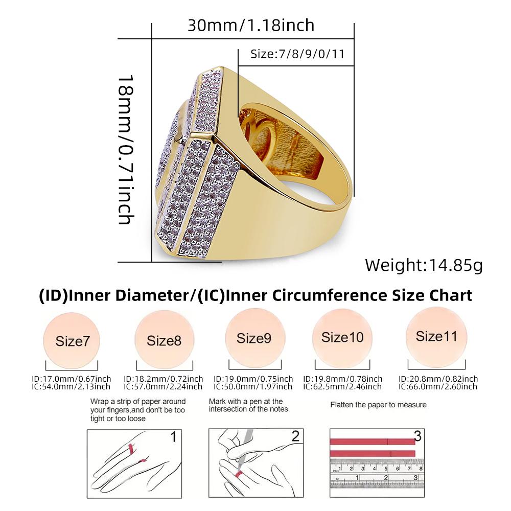 Popular Square Shape Ring Bling Iced Out Zircon Ring Hip Hop Men's Unisex Brass Gold Plated CZ Engagement Wedding Eternity Rings