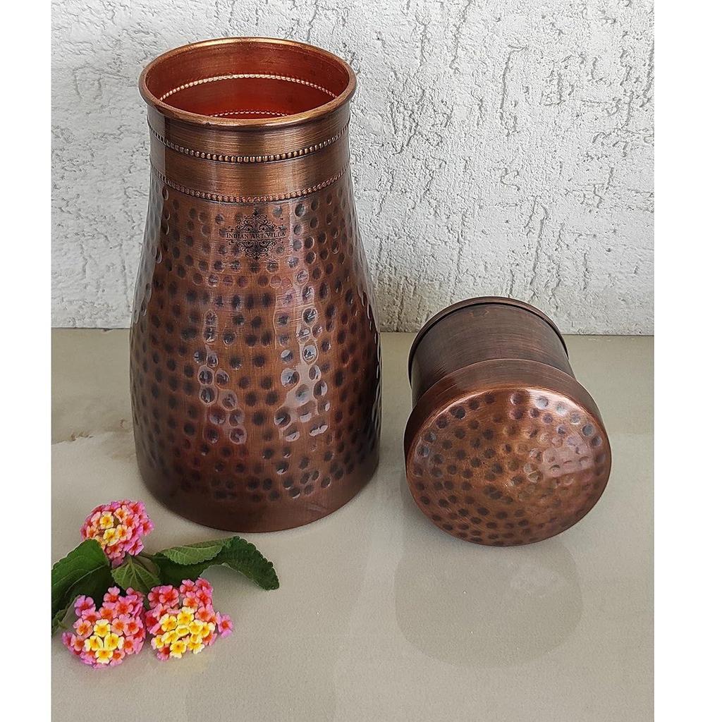 Pure Copper Bedroom Water Bottle with Inbuilt Glass, Hammered Antique Design - Drinkware & Storage Purpose, Volume 900 Ml (Pack of 2)