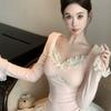 Splicing German velvet long-sleeved t-shirt women's autumn new pure desire square collar top women's lace bottoming shirt chic and beautiful