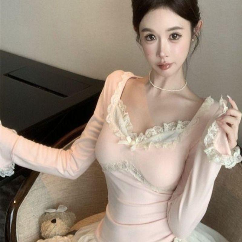 Splicing German velvet long-sleeved t-shirt women's autumn new pure desire square collar top women's lace bottoming shirt chic and beautiful